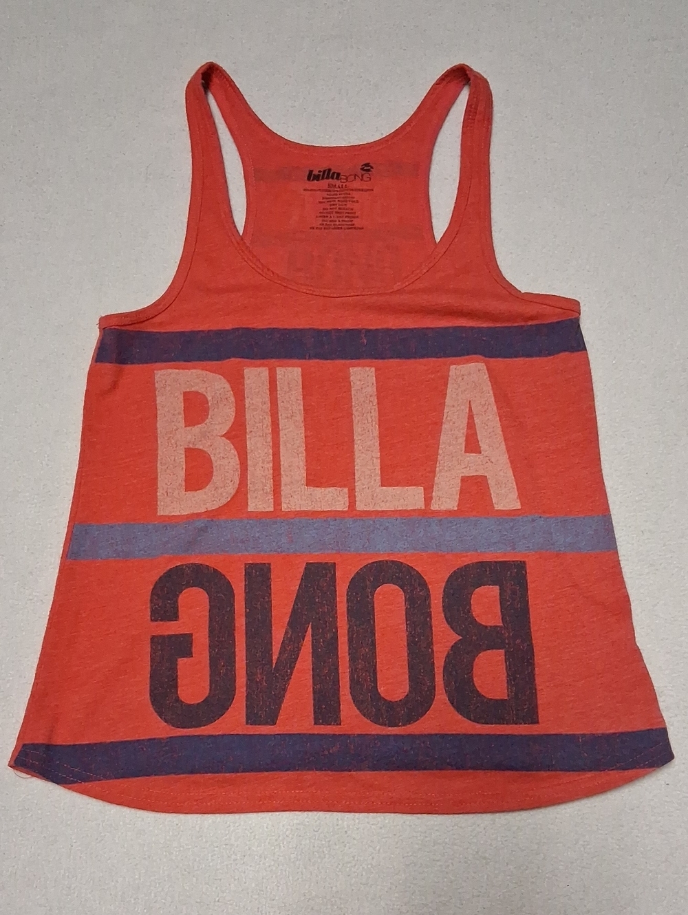 Billabong Orange Racerback Tank with Navy and Light Blue Stripes
